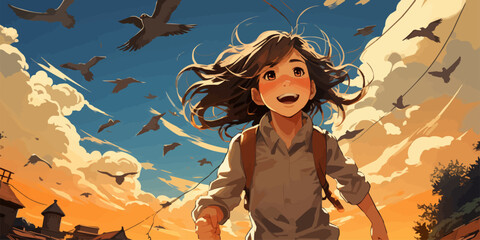 Canvas Print - a Japanese school girl running happily home in the countryside and noticing a karasu is perching on the power wire vector