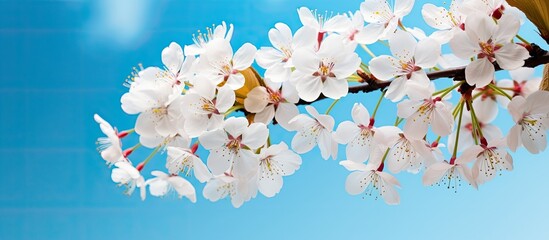 Aufkleber - Copy space image of cherry blossom tree with white flowers blooming against a vibrant blue sky backdrop