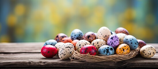 Aufkleber - Symbolizing the religious festivity of Easter vibrant quail eggs are commonly associated with the traditional Church celebration Copy space image