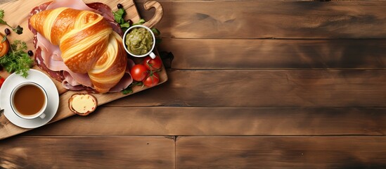 Top view image of a croissant sandwich with ham cheese and vegetables served on a wooden cutting board accompanied by a cup of coffee Plenty of room for additional content in the picture