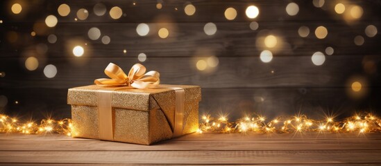 Poster - Festive decorations gifts and lights create a Christmas card on a wooden background with space for additional images or text