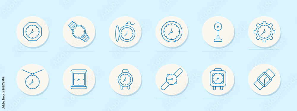 Clock set icon. Various timepieces including wristwatch, pocket watch, stopwatch, alarm clock, and wall clock. Timekeeping, watch, timer concept.