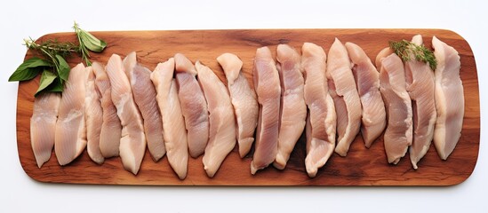 Aufkleber - Sliced Raw chicken liver fresh fowl offals on wooden board Isolated on white background Top view. copy space available