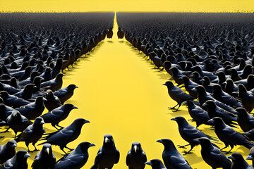 Wall Mural - Illustration of a crow on a yellow background. A flock of ravens heralding death.