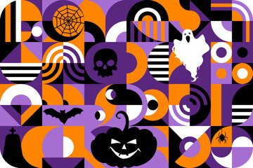 Wall Mural - Halloween abstract geometric pattern background. Vector modern ornament features bold simple shapes and vibrant colors, merging spooky elements such as skull, pumpkin, ghost and bat, cross or spider