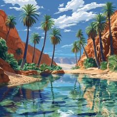 Poster - AI generated illustration of a serene desert oasis with palm trees and crystal-clear water