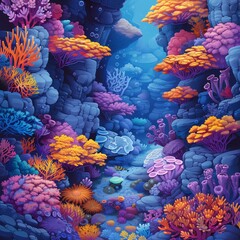 Poster - AI generated illustration of a vibrant coral reef teeming with diverse marine life