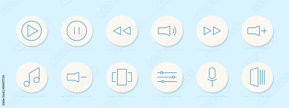 Media control set icon. Play, pause, rewind, volume, fast forward ...