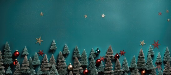 Aufkleber - Top down view of a festive flat lay composition featuring Christmas trees against a vibrant background creating an ideal space for additional images or text
