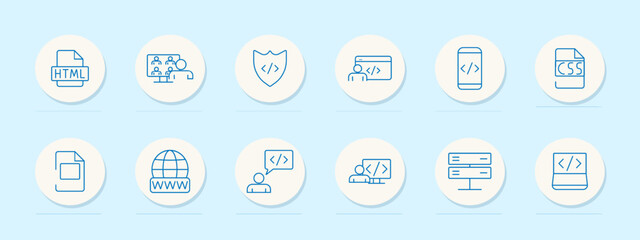 Web development set icon. HTML, team, shield, user, mobile coding, CSS, document, WWW, speech bubble, code presentation. Coding, programming, cybersecurity, education concept.