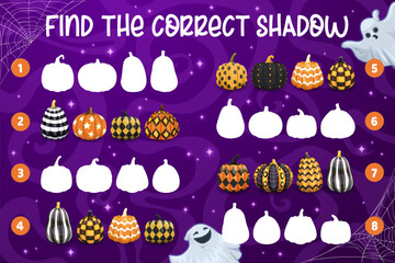 Poster - Halloween kids game, find a correct shadow of patterned pumpkins. Vector worksheet for children logic activity. Preschool or kindergarten educational quiz, puzzle, riddle for logical mind development