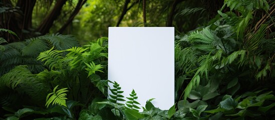 Wall Mural - Copy space image of a white A4 sheet placed against a backdrop of lush green leaves
