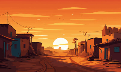 Wall Mural - a deserted street with a sun setting in the background