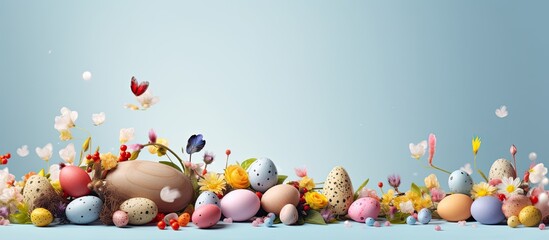 Canvas Print - Copy space image featuring a wide banner depicting a joyful Easter concept adorned with abundant small eggs candies and an egg hunt using twigs