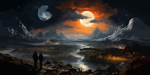 Wall Mural - man on top of mountain looking at another planet,illustration painting