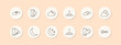 © Кирилл Макаров - Weather forecast set icon. Cloud, sun, moon, rainbow, storm, sunrise, sunset, wind, stars. Vector line icon on peach background.