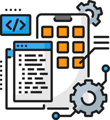 Poster - Mobile app developer career, web development job, IT specialist vacancy thin line color icon. Network software development, IT specialist line vector icon with programing code, cogwheel and UI buttons