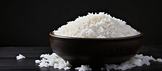 Poster - Bowl of white rice with ear on dark black table copy space image