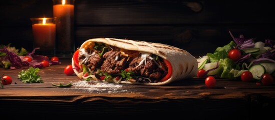 Wall Mural - The appetizing doner kebab and vegetables are displayed on a rustic dark wooden surface creating an inviting copy space image