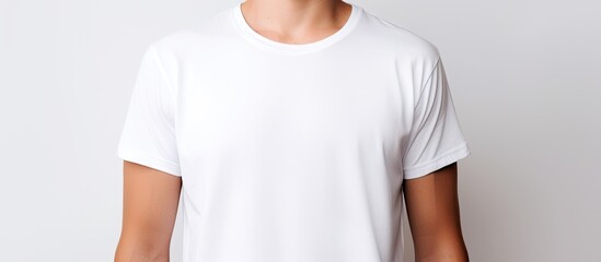 Wall Mural - Close up of a man wearing a blank t shirt against a white background creating a mockup for designs with copy space image