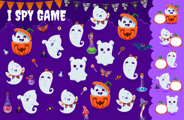 Aufkleber - I spy game, cute Halloween kawaii ghost characters. Object finding children playing activity, kids calculation game or puzzle vector worksheet or counting puzzle with Halloween cute ghosts personages