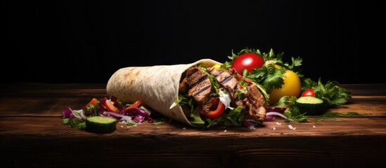 Wall Mural - The appetizing doner kebab and vegetables are displayed on a rustic dark wooden surface creating an inviting copy space image