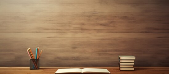 Aufkleber - Toned wooden office desk with essential supplies such as a notepad pen and pencil It also provides ample copy space for your text