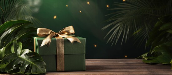 Poster - Wrap the gift box using a combination of craft paper tropical leaves and glitter for a unique and creative decoration idea with copy space image