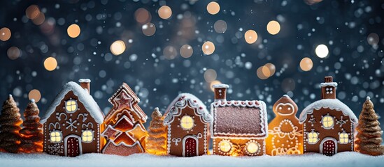 Poster - Home made festive gingerbread for Christmas displayed on a colorful background with plenty of copy space for New Year and Christmas preparations