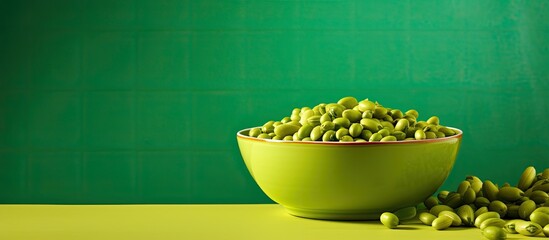 Aufkleber - There is a bowl with vibrant green peas placed against a colorful background in this image. copy space available