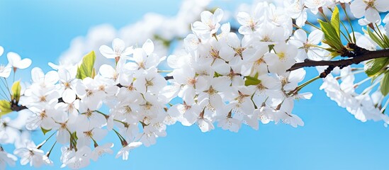 Aufkleber - Copy space image of cherry blossom tree with white flowers blooming against a vibrant blue sky backdrop