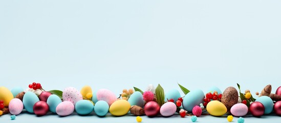 Poster - Copy space image featuring a wide banner depicting a joyful Easter concept adorned with abundant small eggs candies and an egg hunt using twigs