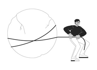 Poster - arab man tied to large rock 2d linear cartoon character. middle eastern male pulling heavy stone iso