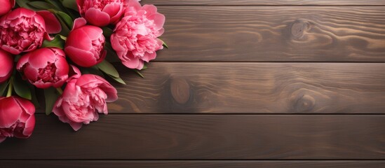 Aufkleber - Valentine s Day background featuring hearts and a bouquet of peonies on a wooden board with copy space image