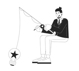 Poster - Happy caucasian businessman fishing for ideas 2D linear cartoon character. European male catching inspiration isolated vector outline person. Business monochromatic flat spot illustration