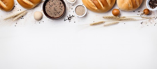 Poster - Composition with bakery products salt and kitchen towel on white background top view. copy space available