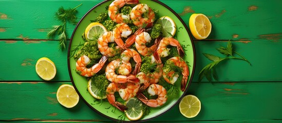 Poster - Top view of a delicious seafood snack consisting of grilled shrimps with a lemon slice presented on a green plate background providing ample copy space for a captivating image The dish is prepared fo