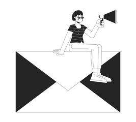 Poster - Asian woman with megaphone sitting on envelope 2D linear cartoon character. Korean female advertising business isolated vector outline person. Email monochromatic flat spot illustration