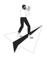 Poster - African american man with binoculars on paper plane 2D linear cartoon character. Black male seeking opportunities isolated vector outline person. Leader monochromatic flat spot illustration