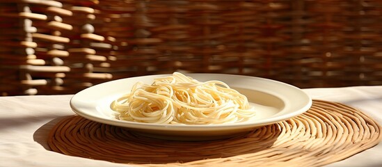 Poster - Copy space image of a white plate of pasta set against a backdrop of wicker service