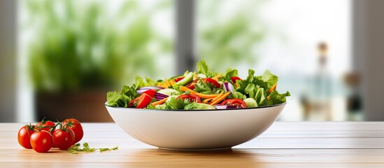 Poster - Vegetable salad bowl on kitchen table Balanced diet. copy space available