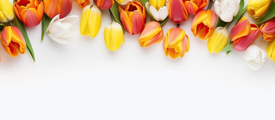 Poster - Yellow and orange tulips on white background Spring holiday Women s Day or Mother s Day concept Banner flat lay top view copy space