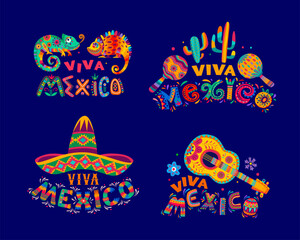 Wall Mural - Viva Mexico lettering icons with sombrero, guitar and maracas for Mexican holiday fiesta, vector banners. Viva Mexico lettering with cactus, chameleon and gecko in Mexican floral ornament pattern