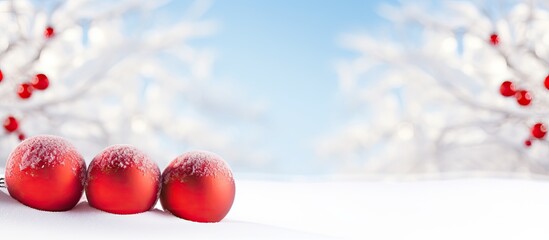Poster - On a beautiful winter day in fresh snow there is a Christmas decoration with red balls The background is a sunny copy space image