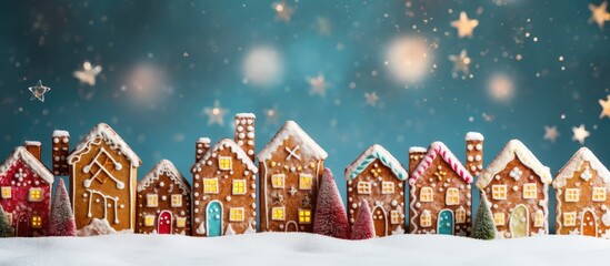 Poster - Home made festive gingerbread for Christmas displayed on a colorful background with plenty of copy space for New Year and Christmas preparations
