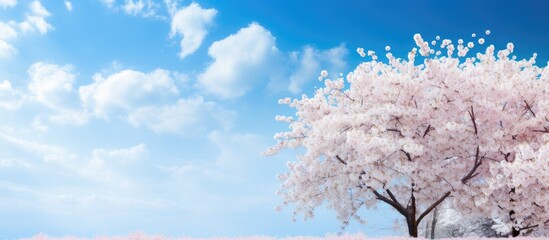 Aufkleber - Copy space image of cherry blossom tree with white flowers blooming against a vibrant blue sky backdrop