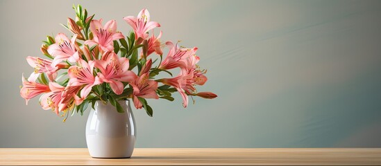 Aufkleber - In the room there is a vase displaying vibrant alstroemeria flowers on a table with ample space around for a copy space image