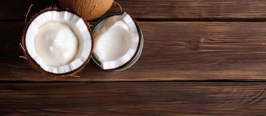 Wall Mural - Coconut both a food source and cosmetic product showcased as cracked fruit next to a jar of moisturizing cream on a wooden table The close up top view image offers a copy space background