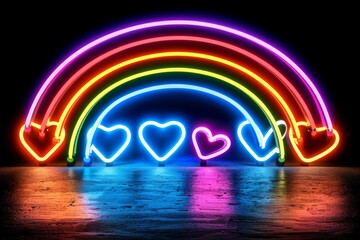 Sticker - Neon rainbow with glowing hearts on a dark background, creating a vibrant and romantic atmosphere, ideal for modern and love themed designs 