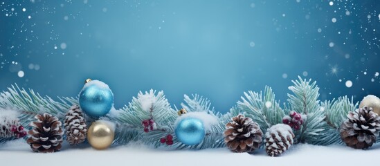 Aufkleber - The blue wooden background is adorned with a fur tree branch cones Christmas balls and a snowy appearance creating a Christmas decorative background There is a copy space image available